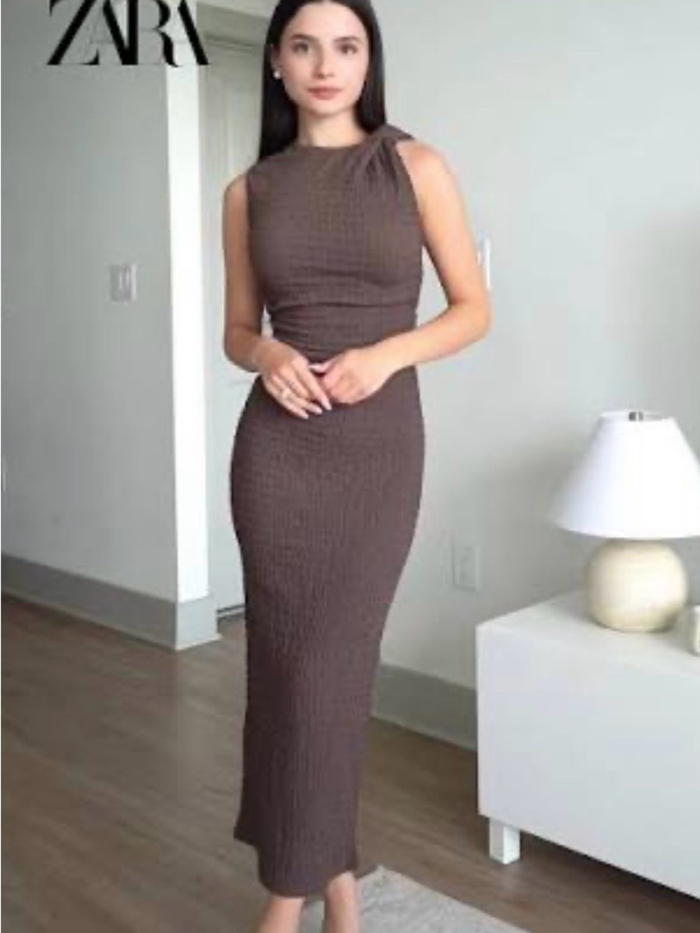 ZARA Brown Ribbed Sleeveless Midi Dress